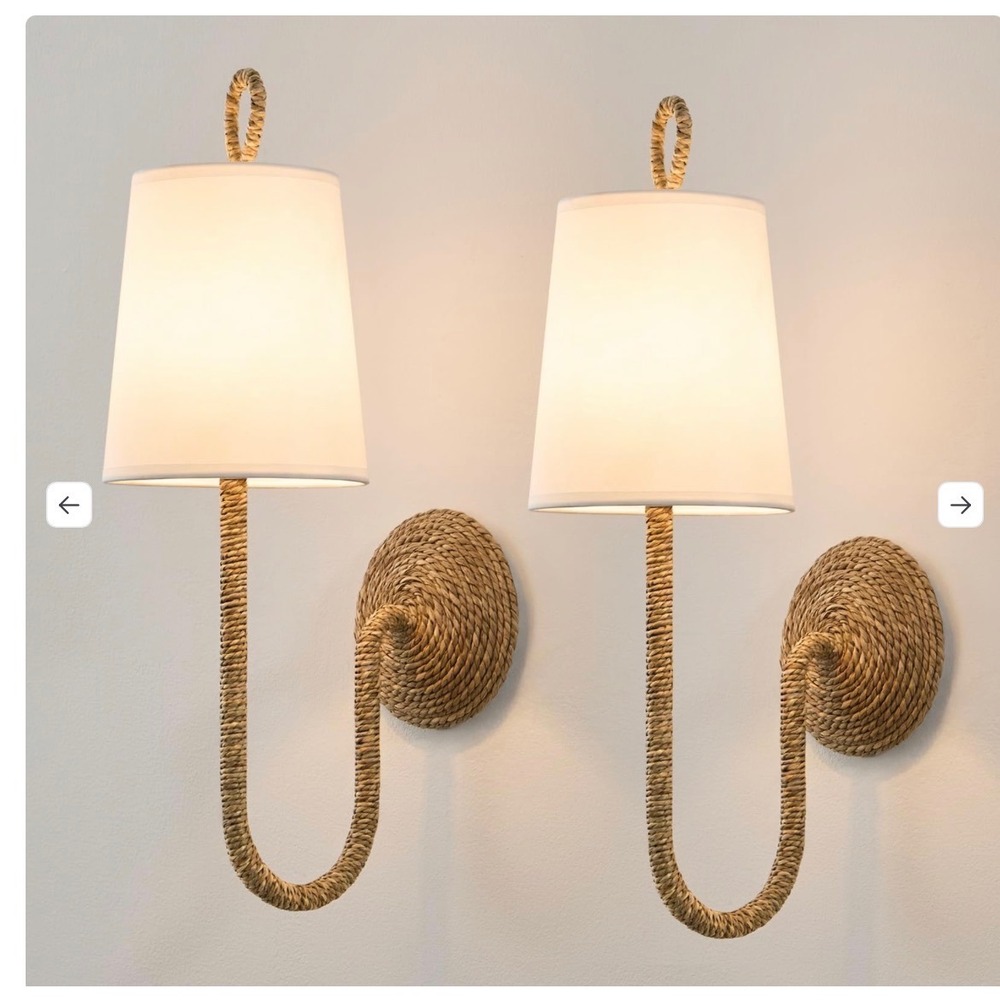 Set of 2 Rattan Wall Sconces Handwoven Coastal J-Arm Light with Fabric Shade